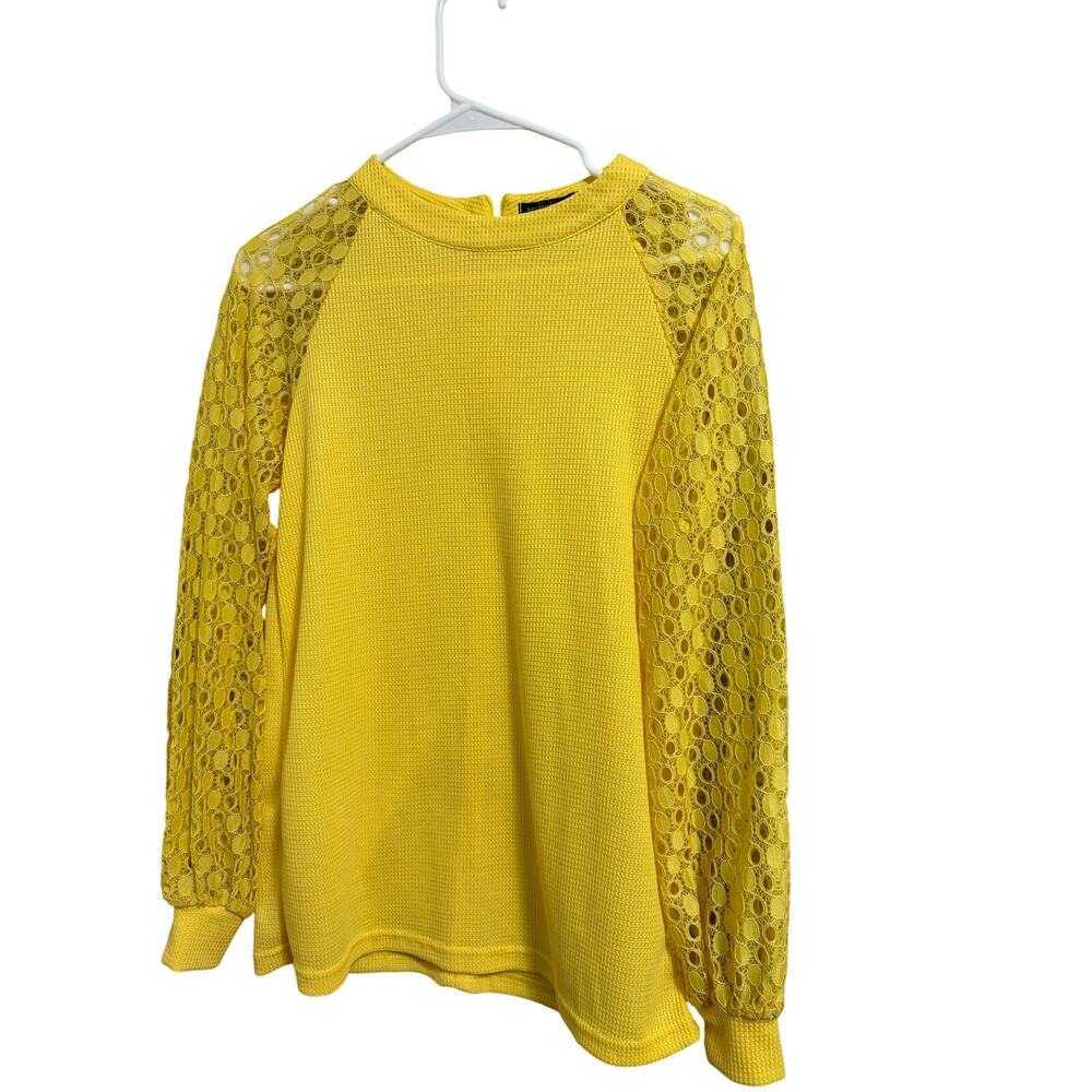MIHOLL Yellow Waffle Knit Lace Sleeve Zip Neck Top Women Size S